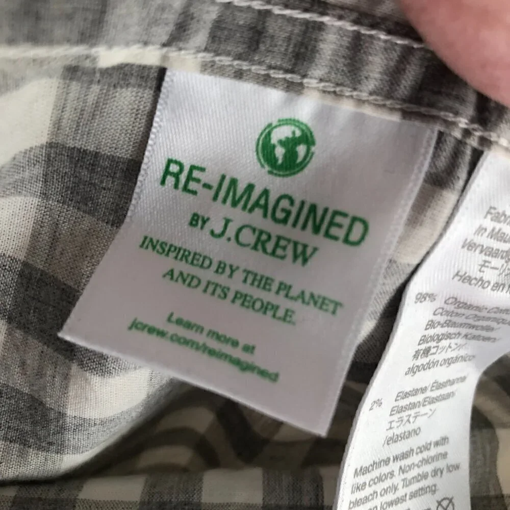 J. Crew Secret Wash Slim Fit Gray White Check Shirt XL Organic Cotton Preppy NWT